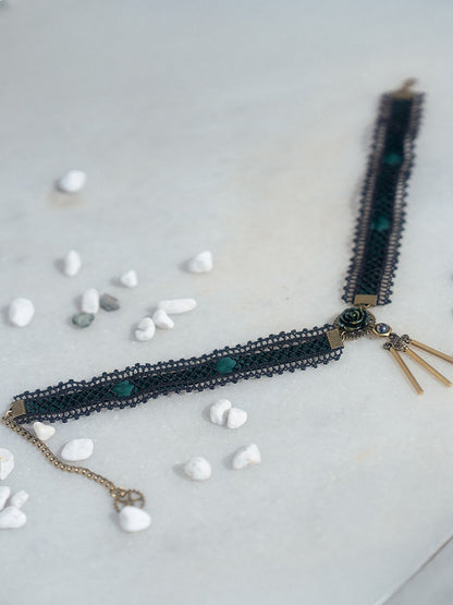 Black with Dark Green Tassels Choker Lace Steampunk