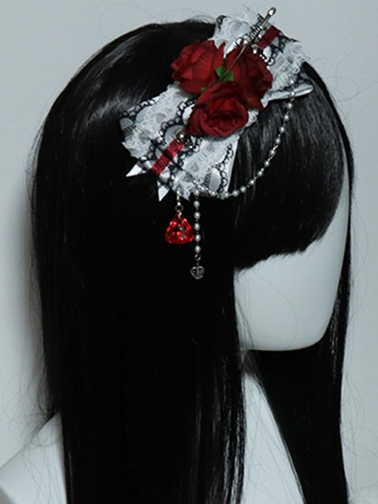 RedWhite Rosette Sword Hairclip Trim Bowknot Design Lace Decorated And Skeleton Charm Beaded