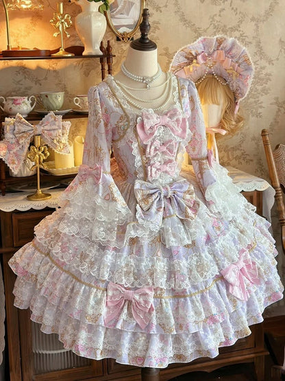 Floral Lolita OP Print Bow and Dress Purple Sleeves Trim with Bell Accents Lace