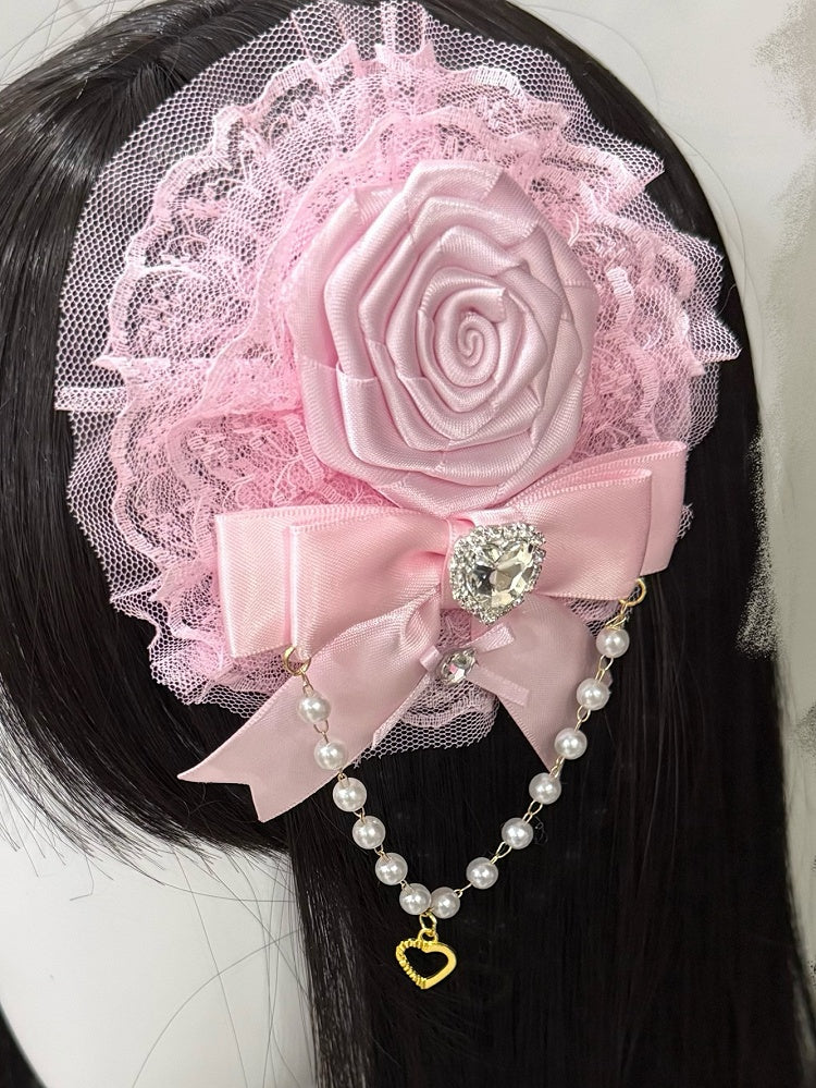 Beaded Trim Floral Design Decorated And Pink/Rose Charm Bowknot Rhinestone Heart Lace Hairclip Red