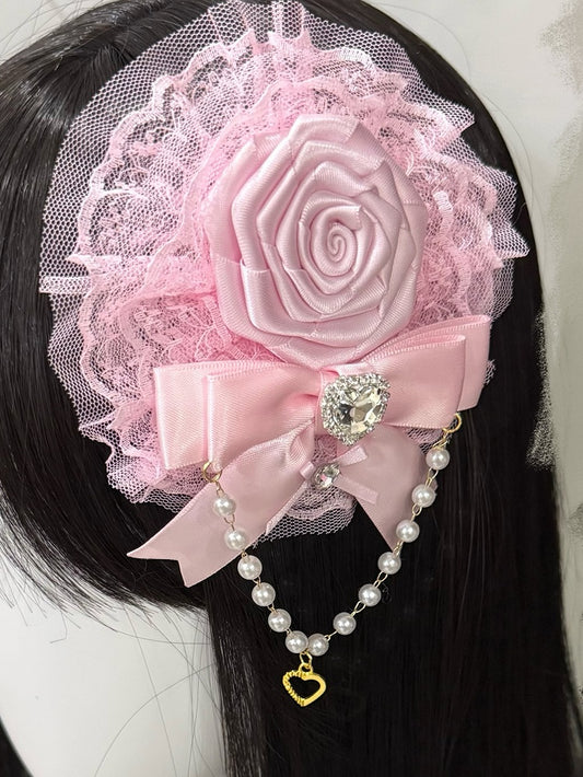 Beaded Trim Floral Design Decorated And Pink/Rose Charm Bowknot Rhinestone Heart Lace Hairclip Red
