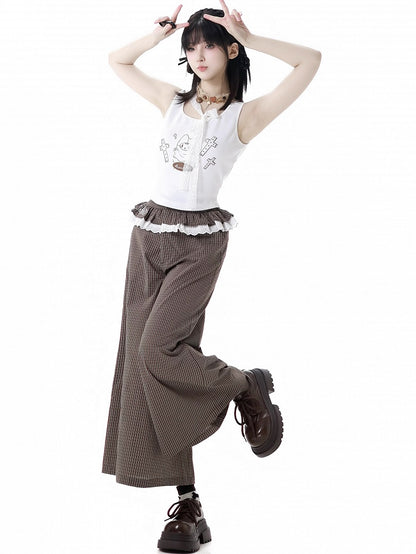 with Self-tie Strap White Cat Print Tank Top Neckline