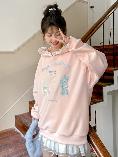 Pink Cute Crocheted Bunnies Details Fleece Lined Hoodie