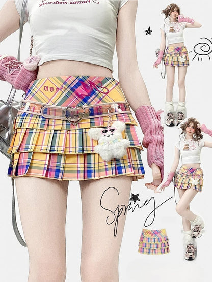 Print Colorful Skirt Y2K Pleated Pattern Plaid Letter