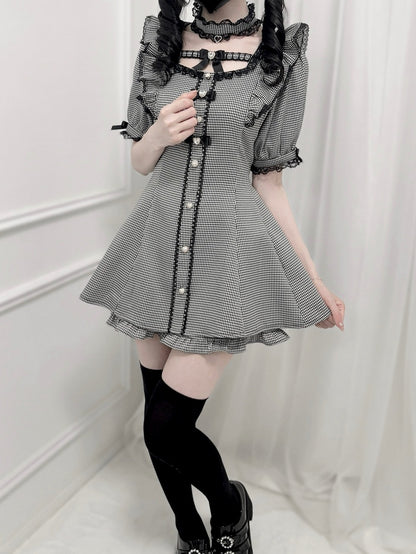 Set - Flutter Sleeves Self-tie Bow Back Mini Dress + Shorts Houndstooth Jirai Kei + Choker