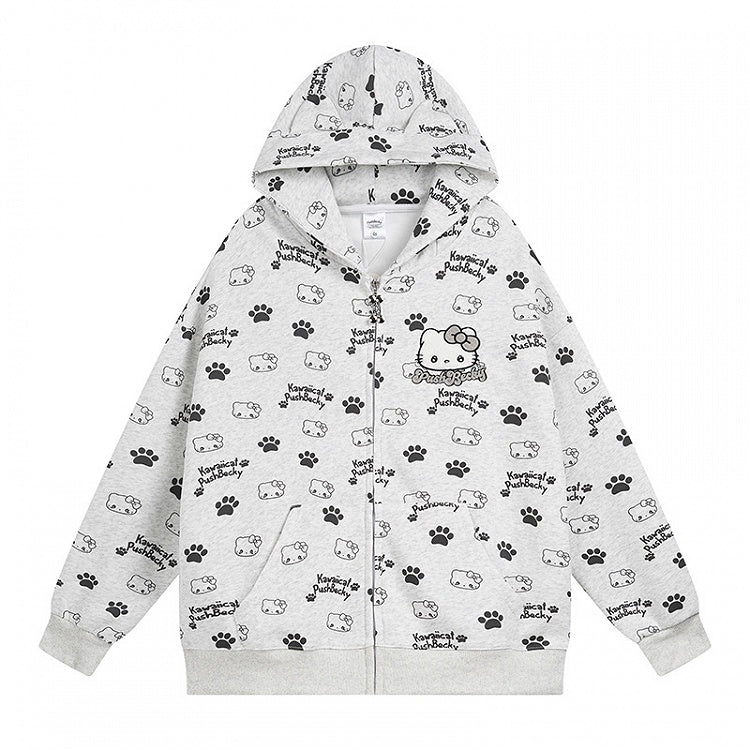 Black/Pink/Light Blue Kitties Allover Print Zip Hoodie