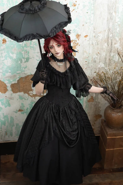 Schwarzer Korsett-Taillenrock mit Knochen und hoher Taille, Aristokratischer Gothic-Lolita-Rock
