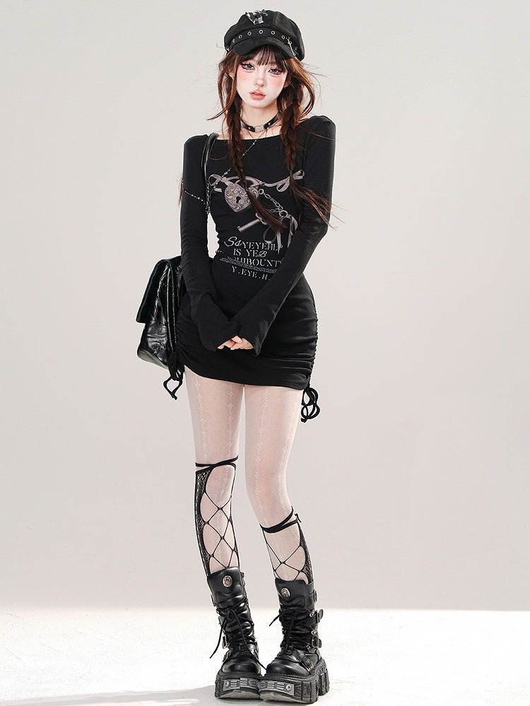 Drawstring Print Lock Dress Skirt Black Mini Heart