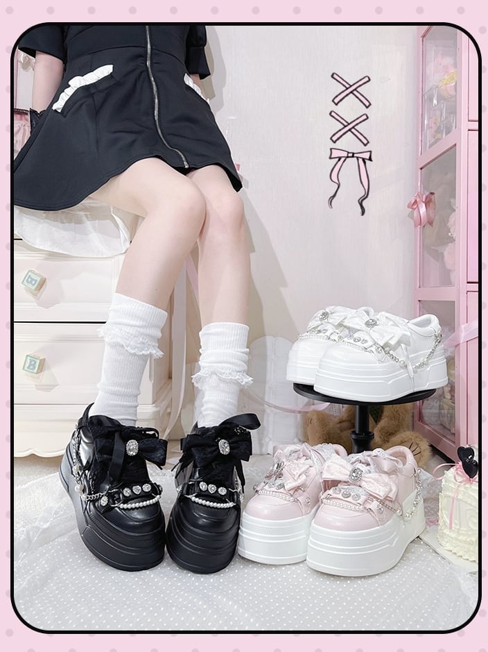 Kei Pink Jirai Top Thick-Sole Sneakers Bow Platform with