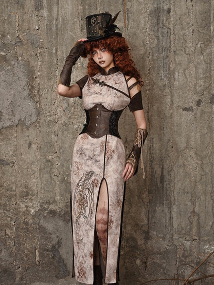 Steampunk Asymmetrical Sleeves Dragon Embroidery Dress