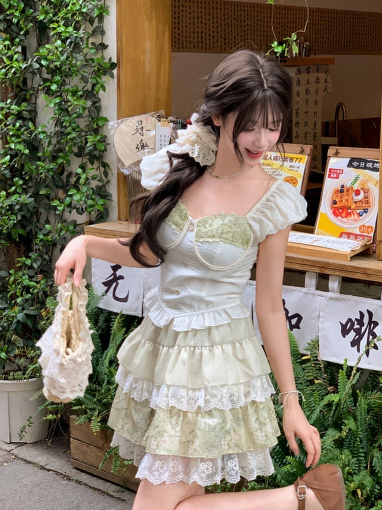 Apricot Sweetheart Neckline Puff Sleeves Sweet Top