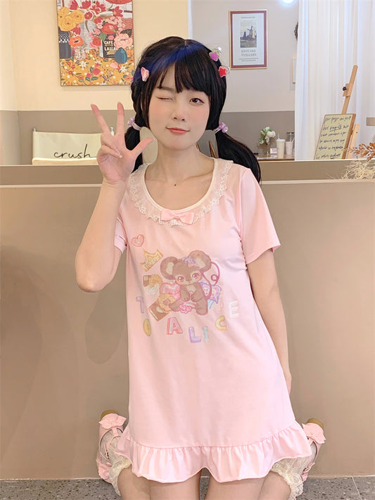 White/Pink Version Trim Adorable Lace Long Print T-Shirt Mouse