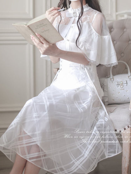 Innocent White Clean Cape Design Top Aesthetic Illusion Neckline and Trim Lace with