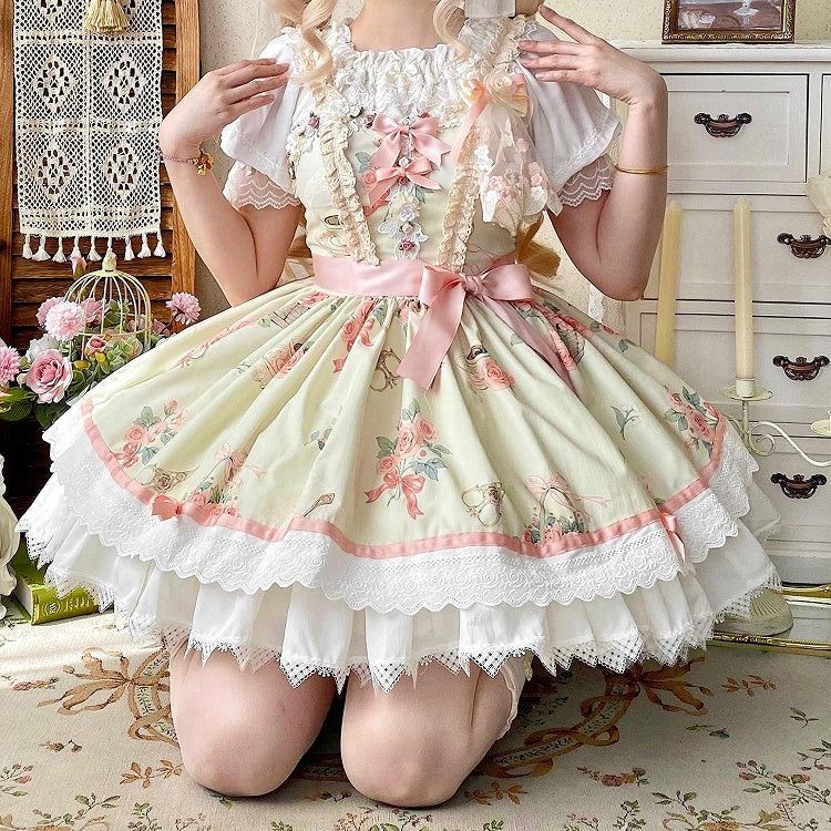 Short Lolita Print Waist Summer Skirt Dress High Rosette Jumper
