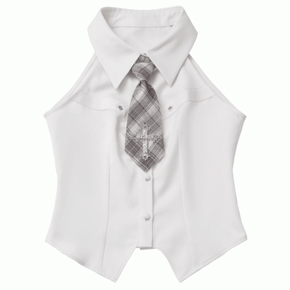 Decorated Hem Cross White/Beige Sleeveless with Curved Shirt Preppy Style Tie Plaid