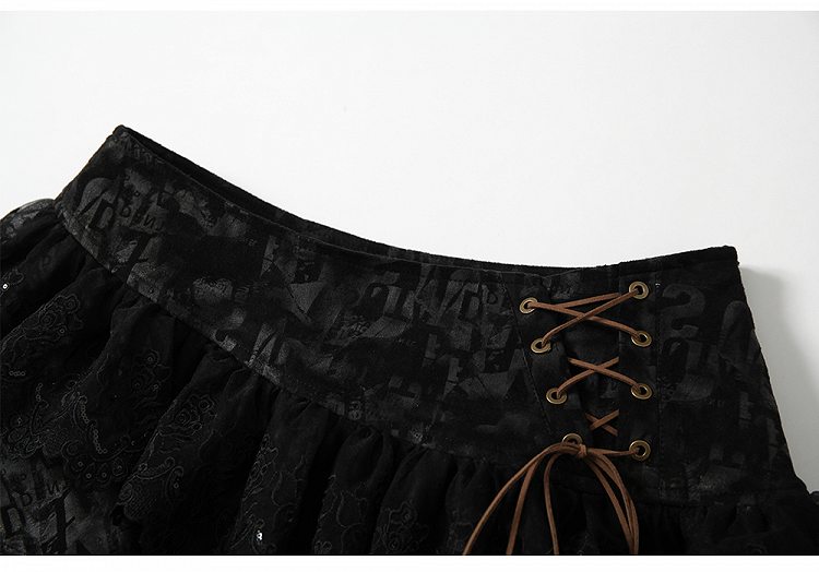 Black Lace-up Details Lace Trim Tiered Skirt