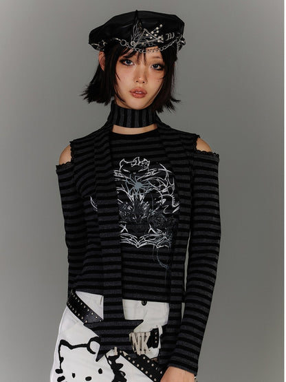 mit Schal Schwarz Grau Gestreift Cutout Schulter Grafik Top Star Punk