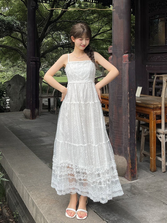 Lace Slip Dress Length White High Waist Ankle