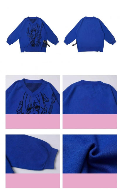 Punk Rock Girl Pattern Blue V-neck Sweater with Heart PU Buckle