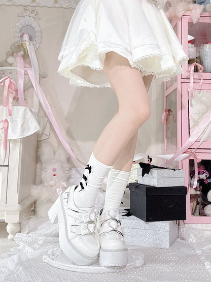 Matte White Jirai Kei Rhinestone Heart Bowknots Velcro Strap Closures  Landmine Style Platform Shoes