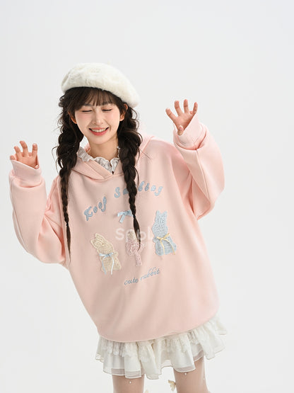 Pink Cute Crocheted Bunnies Details Fleece Lined Hoodie