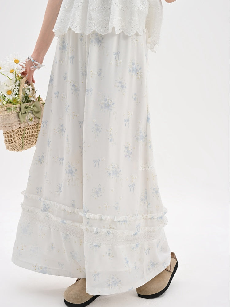 Blue Floral Pattern Version White Chiffon Waist Wide-Leg Pants Elastic Regular/Short