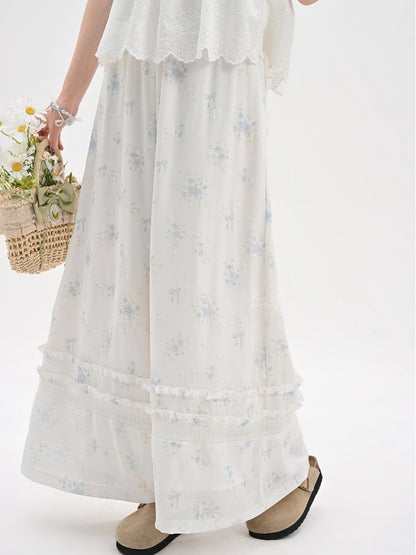 Blue Floral Pattern Version White Chiffon Waist Wide-Leg Pants Elastic Regular/Short