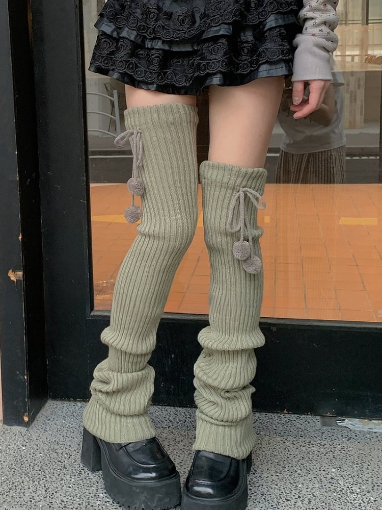 White/Beige/Light Grey/Black Knitted Leg Warmers With Pompons