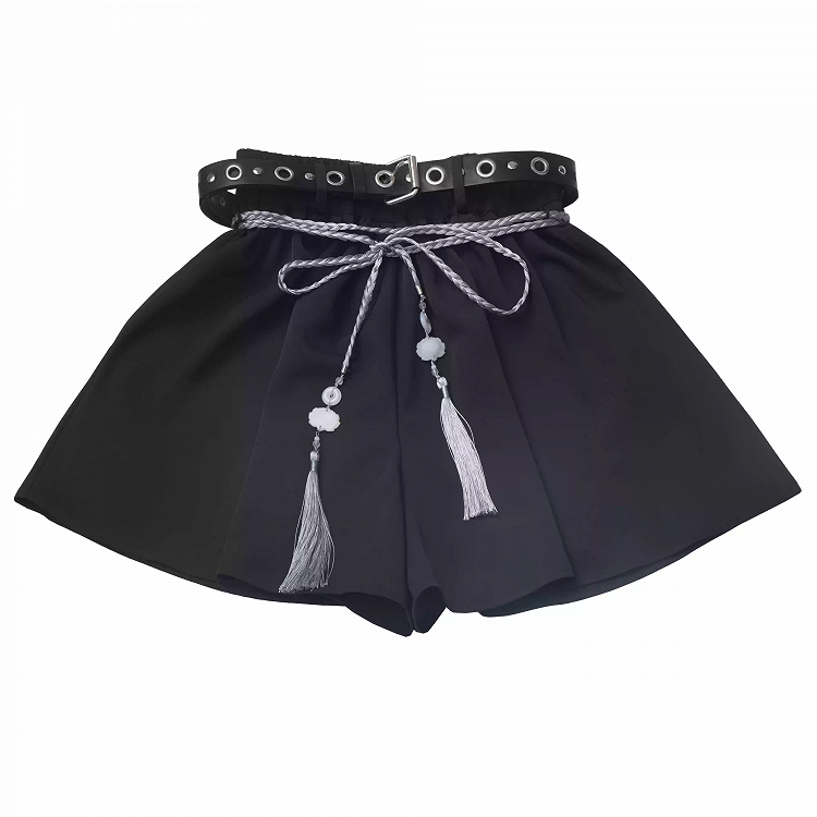 Belt Black Cheongsam Tassel Style Shorts with Buckle Belt and