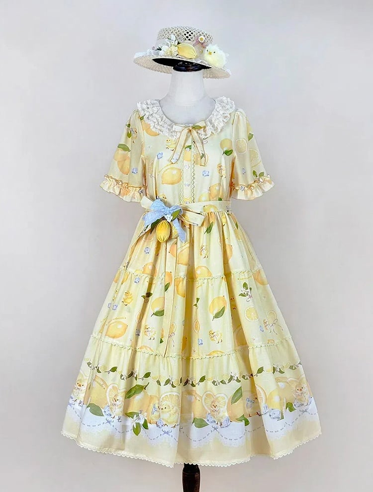 and Spring Chick Dress Sleeves Short Summer for Print Lolita Lemon Yellow