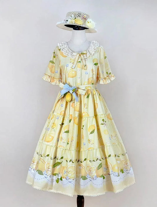 and Spring Chick Dress Sleeves Short Summer for Print Lolita Lemon Yellow