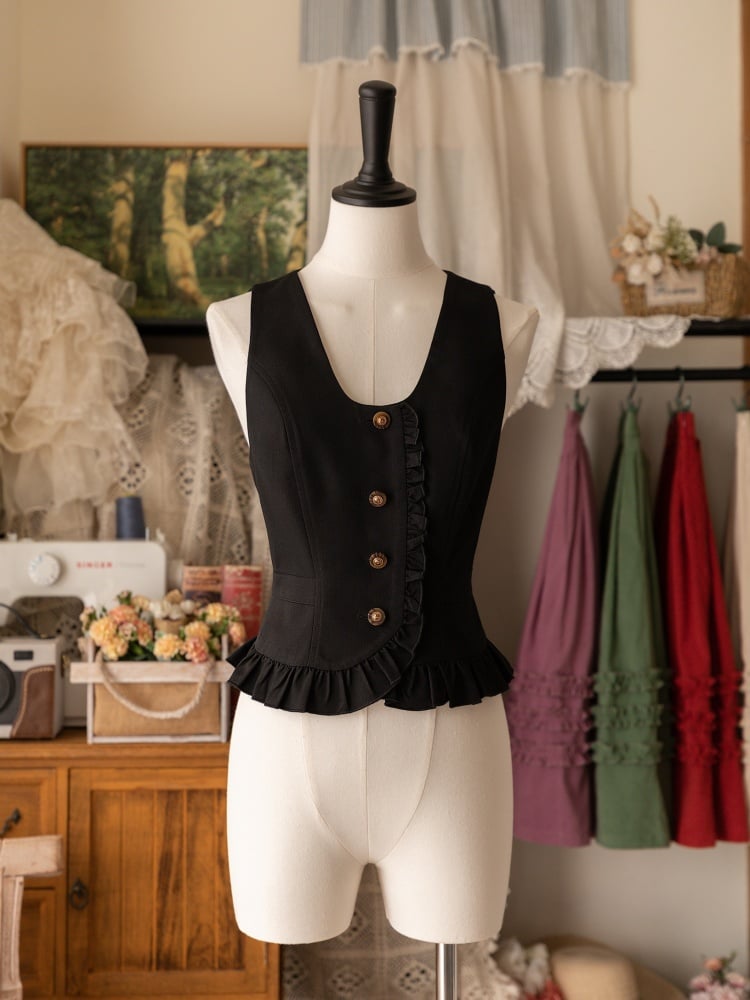 Black Ruffle Trimming Front Button Placket Waistcoat