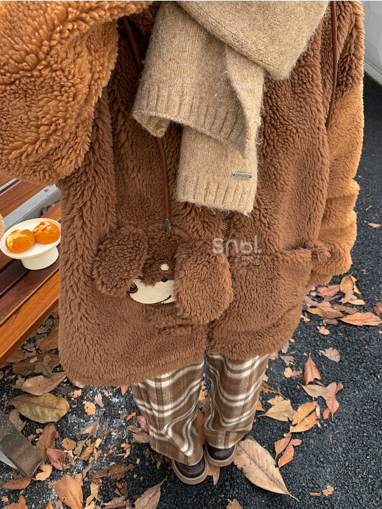 Brown Cute Puppy Pocket Design Fleece Zip Hoodie