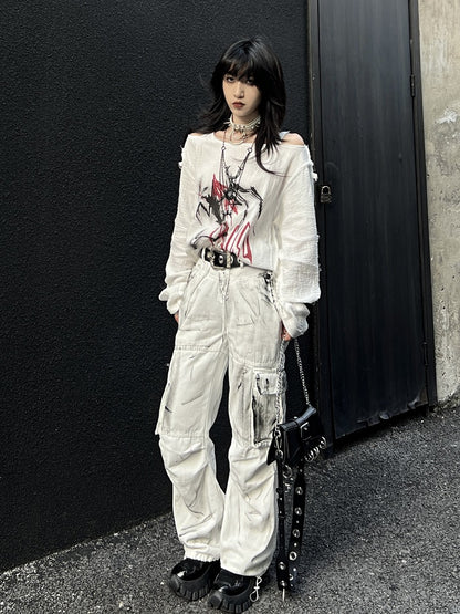 Vintage White Splatter Tie-Dye Loose Fit Cargo Jeans with Drawstring Waist