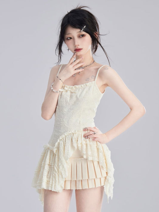 Cami Top Apricot Asymmetrical Lace Trim Chiffon