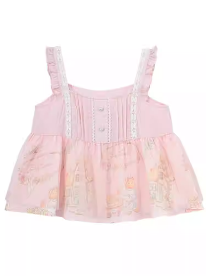 Flutter Sleeves Cartoon Bear Print Sleeveless Top Sweet Pink