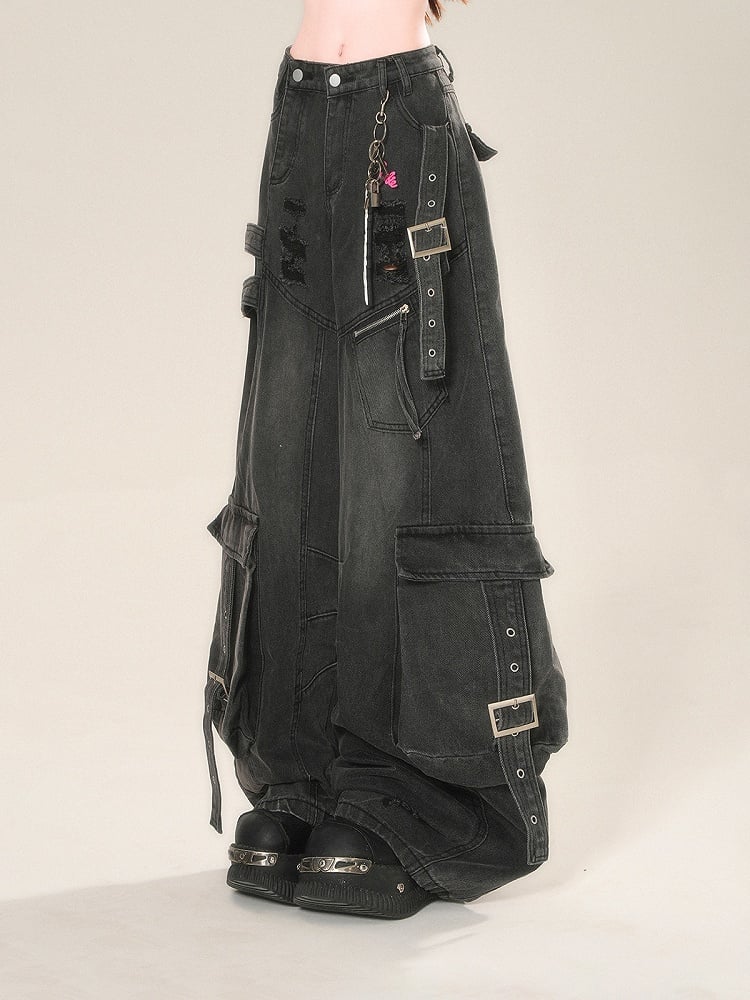Black Distressed Holes Buckle Wide-Leg Jeans Cargo Pockets Straps