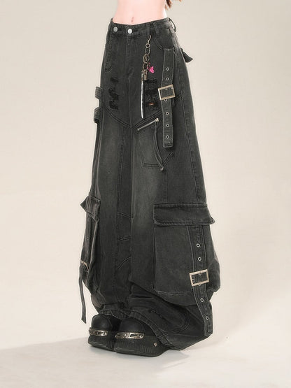 Black Distressed Holes Buckle Wide-Leg Jeans Cargo Pockets Straps