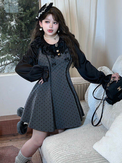 Robe grise grande taille à pois et taille haute avec nœuds