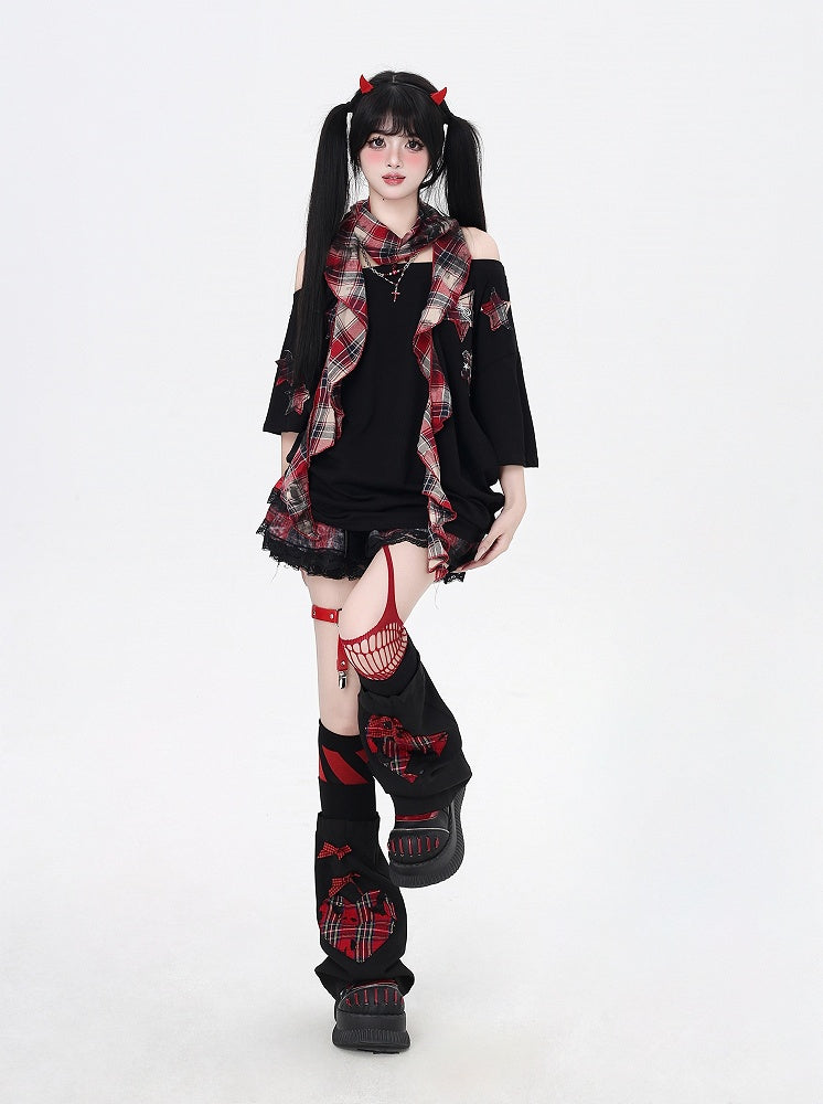 Glamorous Scarf Neckline with T-Shirt Red Plaid Star Appliques Black Asymmetrical