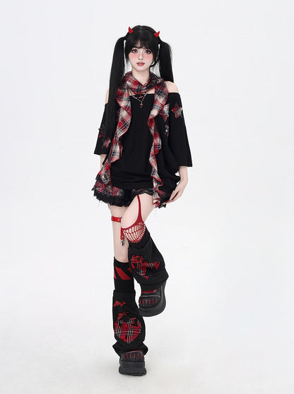 Glamorous Scarf Neckline with T-Shirt Red Plaid Star Appliques Black Asymmetrical