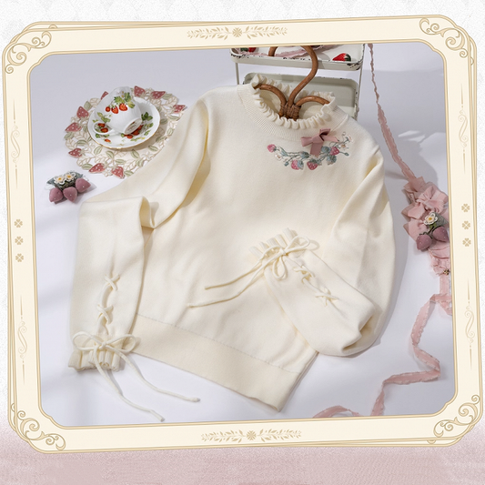 Neckline Lace-up Cuffs Autumn Strawberry Embroidery Top Knit Beige