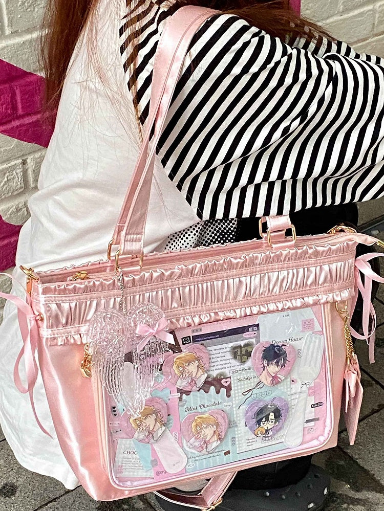 Ita Bag Ruffled Pink Ribbon Bow Large Trim Capacity Tote
