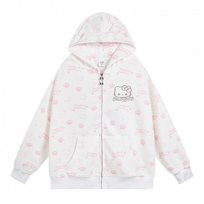 Black/Pink/Light Blue Kitties Allover Print Zip Hoodie
