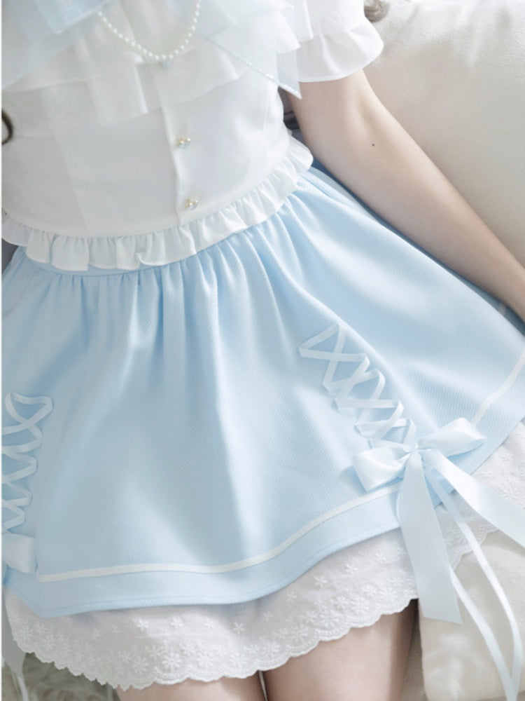 Illusion Skirt Shoulder Blue Criss-cross Open White Design Top+ Neckline Kei Set Jirai