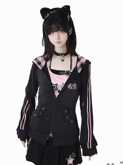 Rosa karierte Kapuze, schwarze Sternstickerei, Sonnenschutzjacke