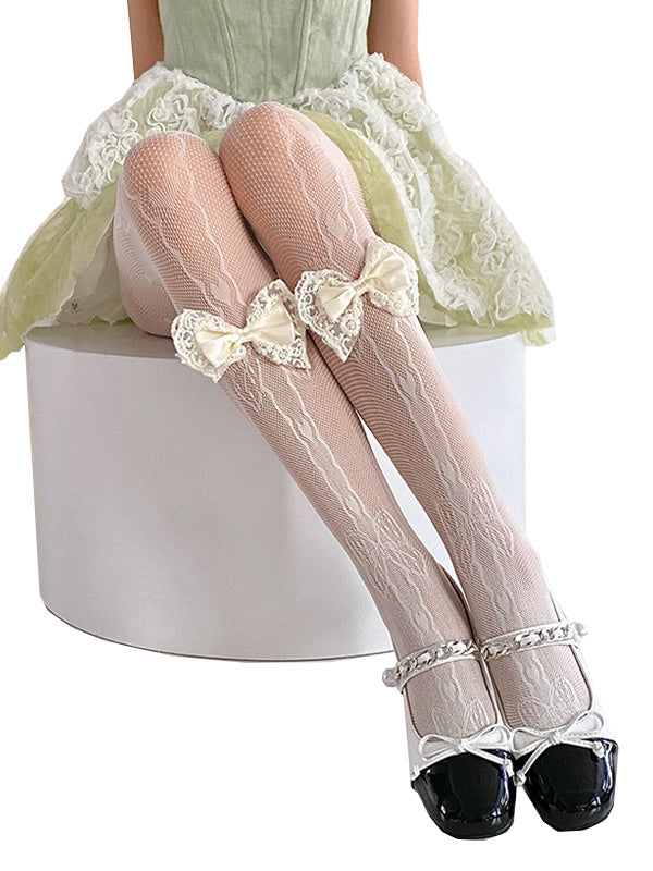 Collants résille noirs/blancs avec nœud blanc crème décoré de nœud et de cœur