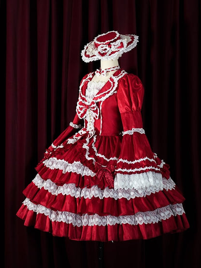 Red Gorgeous Tiered Ruffle Skirt Puff Sleeves and Bell Sleeves Lolita Dress