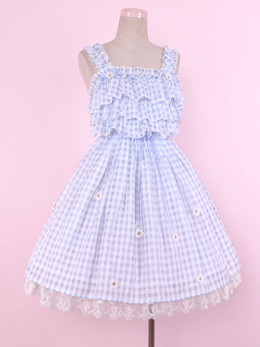 Robe d'été vichy bleue Cottagecore avec bordure en dentelle marguerite et jupe pull Lolita à carreaux