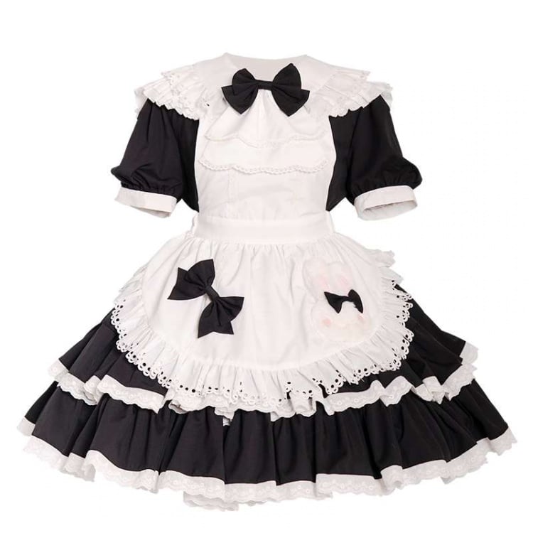 Black and White Bunny Theme Tiered Ruffles Maid Lolita Dress